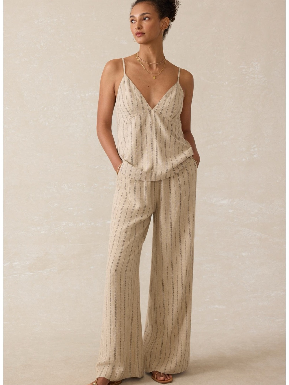 Faherty Riviera Linen Blend Stripe Wide Leg Pants Beige Medium - Picture 12 of 12